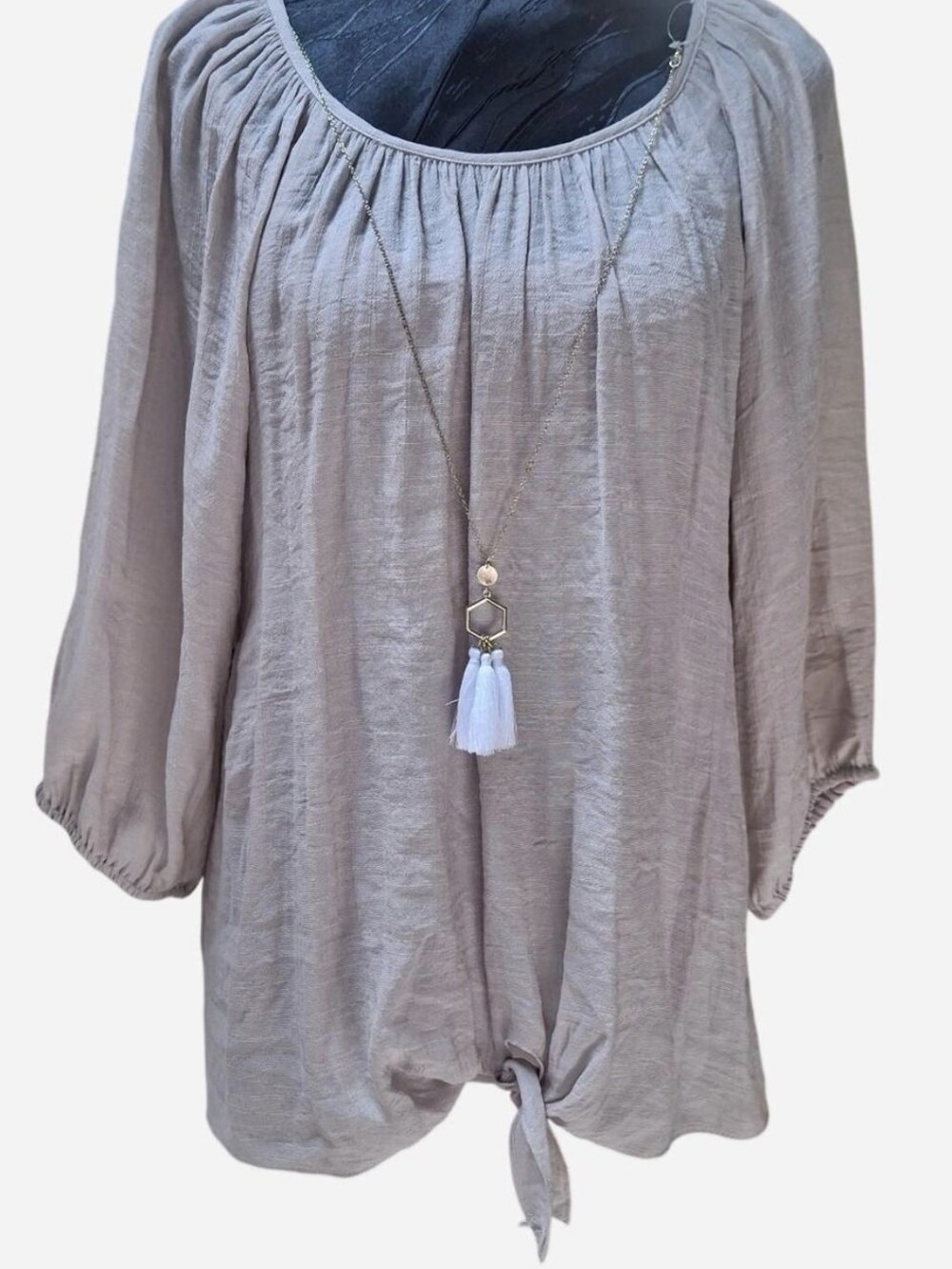 NWT JM Collection "Sugar Sand" Tie-Front Blouse with Tassel Necklace